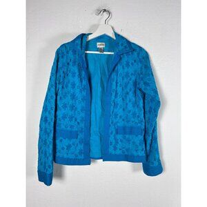 Chico's Womens Blue Floral Embroidered Cotton Open Front Jacket Size 0 Casual